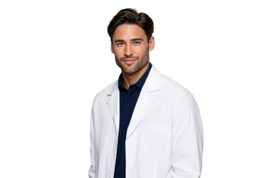 Confident young male scientist in a white lab coat looking at camera. Professional portrait for medical, scientific, or academic use. Isolated on transparent background