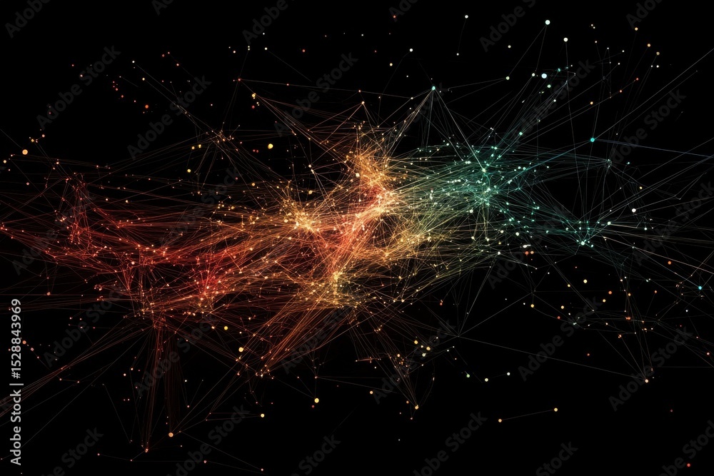 Aufkleber dynamic visualization illustrates data processing and network connections against a dark backdrop, d