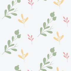 Minimal Seamless Floral Pattern with Green, Pink, and Yellow Leaves on White Background
