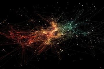 Dynamic visualization illustrates data processing and network connections against a dark backdrop, data processing and connections on black background
