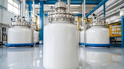 A paint manufacturing plant with huge mixing vats and specialized pigment grinding and chemical blending equipment, symbolizing the production of industrial coatings and color production through