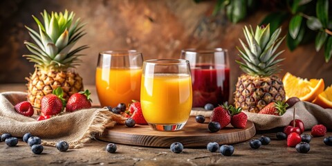 Refreshing Fruit Juice Blends with Tropical and Berry Accents on Rustic Wooden Surface