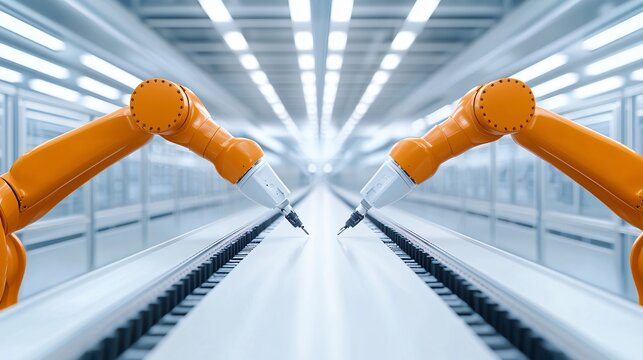 A robotic manufacturing cell featuring collaborative robots engaged in automated inspection and precision assembly, symbolizing lights-out manufacturing and the advancements of industry 4.0.