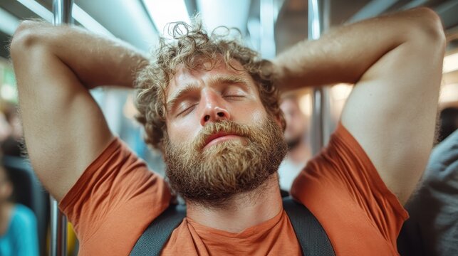 A serene moment captured of a man resting on a crowded subway, evoking feelings of serenity amidst chaos, showcasing the balance between urban life and personal space.