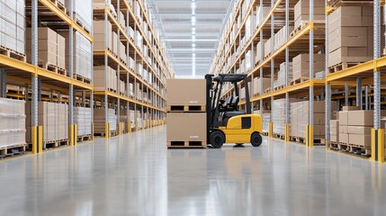 A warehouse factory floor focused on a logistics operation, featuring tall pallet racking, busy forklift trucks, and efficient inventory management as part of a seamless supply chain and automated