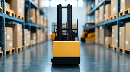 A warehouse factory floor focused on a logistics operation, featuring tall pallet racking, busy forklift trucks, and efficient inventory management as part of a seamless supply chain and automated