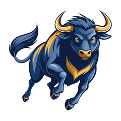 Illustration of a blue and gold bull charging forward design