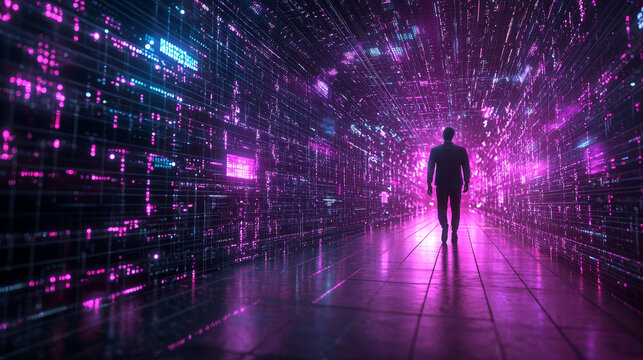 Person Encircled by Flowing Binary Code and Vivid Violet Light in a Futuristic Hallway, Symbolizing Digital Progress, Information, and Technological Advancement - Powered by Adobe