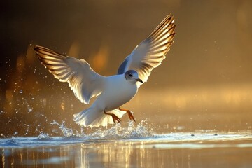 Obraz premium Bird running on water before taking off into the sunrise sky, bird sits on the water then runs up and takes off, slow motion