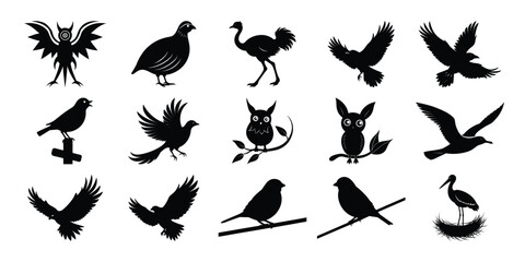 Vector of Bird Silhouettes – Owls, Songbirds, Seagulls, Ostrich and More Icons Collection on white background