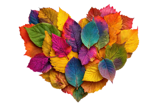 A heart made of autumn leaves on a transparent background.