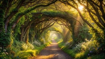 Naklejka premium Sunlit Path Through an Enchanting Canopy of Lush Green Trees and Blooming Flowers