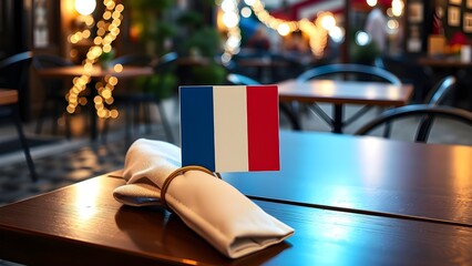 Tricolor-themed square card clipped to linen napkin ring on cobbled caf&eacute; table, concept for Bastille Day restaurant print ad