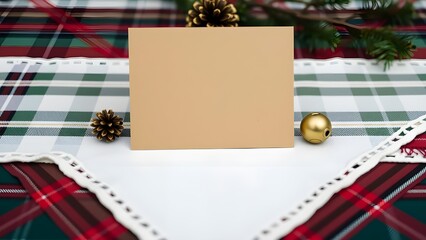 Fototapeta premium Flat kraft card placed diagonally across tartan holiday table runner, decorated with pinecone and small jingle bells