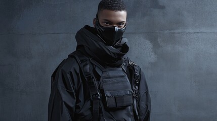 A young Black man, clad in all-black tactical gear including a mask, stands against a dark gray textured wall, his gaze directed at the camera