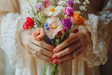 Jewelry Adorned Hands Holding Colorful Flowers in Traditional Cultural Celebration