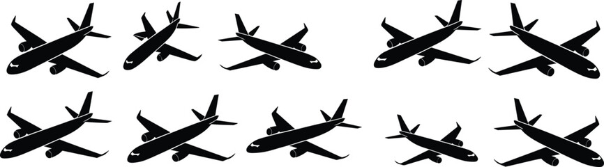  Collection of Aircraft Silhouettes: Commercial Airplanes, Passenger Jets, and Aviation Symbols for Travel, Transportation, and Airline Industry Projects