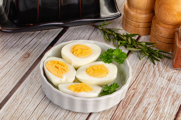 Boiled chicken eggs with bright yolk