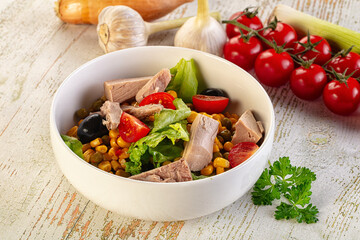Dietary salad with canned tuna and corn