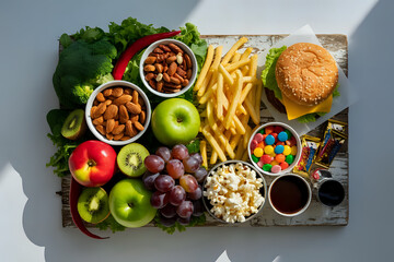 Healthy and Unhealthy Food Choices Arranged on a Rustic Wooden Board variety