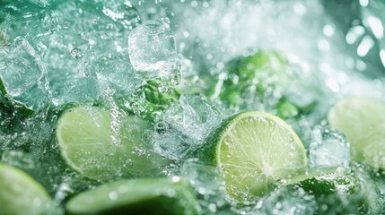 Close-up of fresh limes surrounded by ice, splashing water that evokes freshness and zest, ideal for summertime drinks and vibrant emotions.