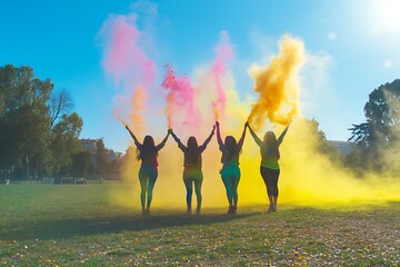 Women Celebrating Festival with Colorful Powder in a Lively Park Atmosphere