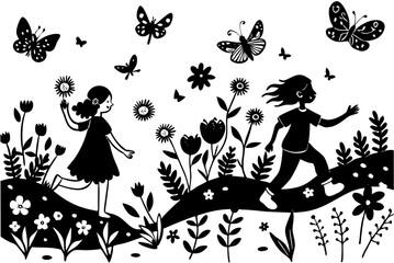 Silhouette of children playing in a flower garden