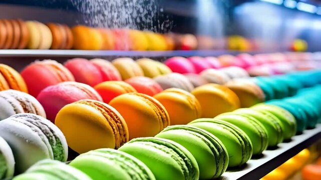Brightly colored macarons lined up in rows on shelves, assorted flavors of sweet meringue-based confections in a pastry shop.