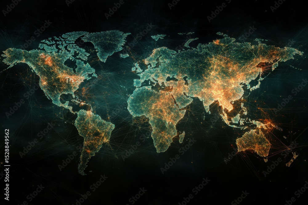Poster financial data processing visualized on a global map against a dark background, financial data proce