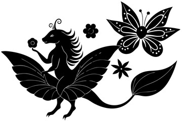 Obraz premium Black and white floral dragon with butterfly