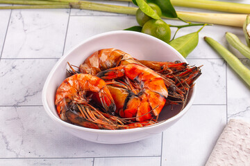 Hot boiled big tiger prawn