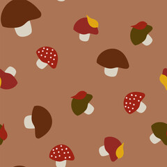 Seamless vector pattern of cute mushrooms in naive style on a rustic reddish-brown background. Perfect for whimsical fall designs.