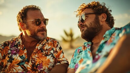 Two friends in floral shirts wearing sunglasses engage in deep conversation at the beach, embodying joy, friendship, and the carefree essence of summer leisure activities.