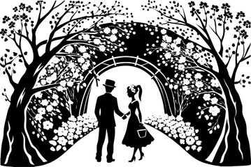Romantic couple under blossoming archway