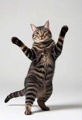 Playful Tabby Cat Standing on Hind Legs with Raised Paws in Studio |  Cat is dancing
