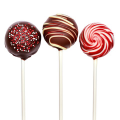 Delicious Christmas chocolate lollipops with vibrant designs on white background, Christmas chocolate lolipops isolated on white background