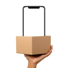 Smartphone in cardboard box held in hand isolated on transparent background