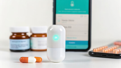 Smart pill dispenser with medication, pill bottles, and a smartphone app interface on a white surface.