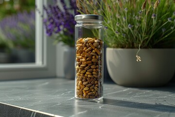 Collection of various pills and herbal remedies displayed in a transparent glass container