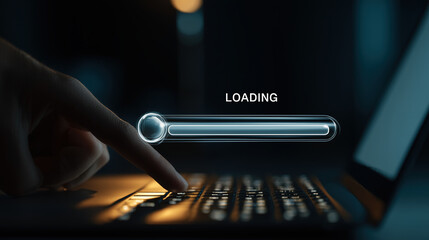 A finger touches a keyboard as a digital loading bar progresses on a dark screen, indicating data processing or web activity.