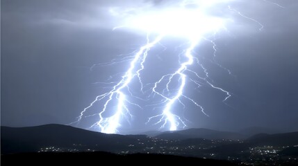 Dramatic lightning strikes mountains at night
