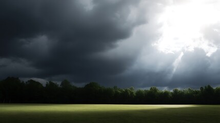 Light breaks through stormy landscape field
