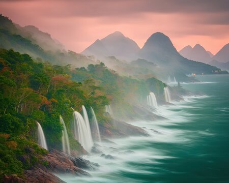 Misty rainforest waterfalls cascading down cliffs