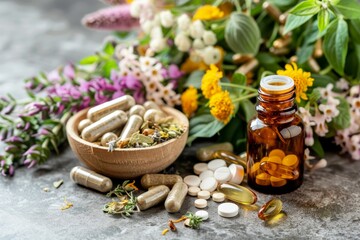 Colorful collection of various pills and herbal remedies in a transparent glass container
