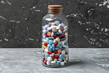 Variety of medicinal pills and herbal remedies stored in a transparent glass container