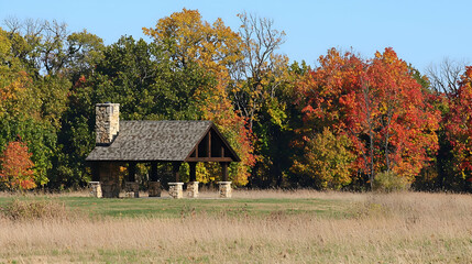 Fototapeta premium Autumnal park shelter nestled amongst colorful trees. A covered picnic area sits in a grassy field with vibrant fall foliage. Stonework details a rustic design