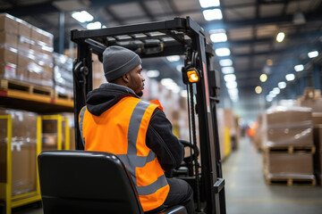 A dedicated worker operates a forklift in a busy warehouse environment, illustrating the importance of logistical efforts and focused craftsmanship in modern commerce and industry.
