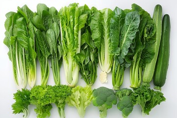 Vibrant collection of fresh green vegetables displayed on a clean white background