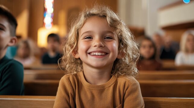 A cheerful child with curly hair beams with joy while seated among others in a sunlit church, capturing the essence of innocence and happiness in a serene environment.