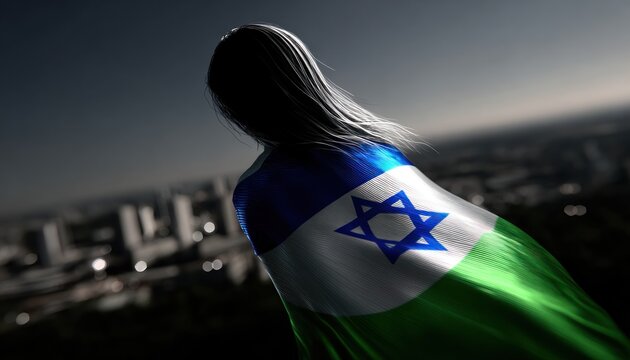 Woman with flag cape over cityscape